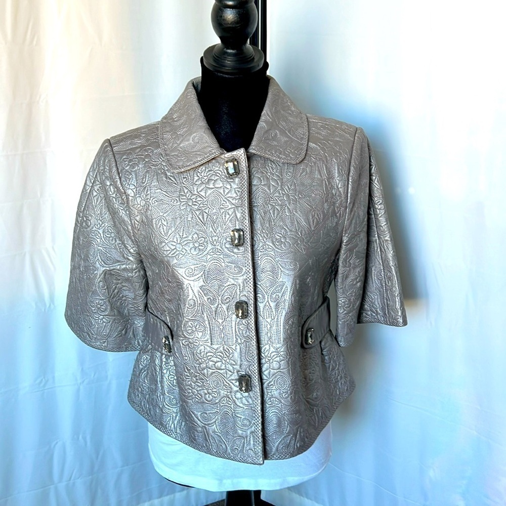 Peter Nygard Floral Embroidered 3/4 Sleeve Leather Jacket